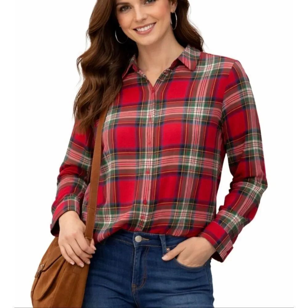 Foxcroft for Appleseeds non iron red plaid button down size 12 p